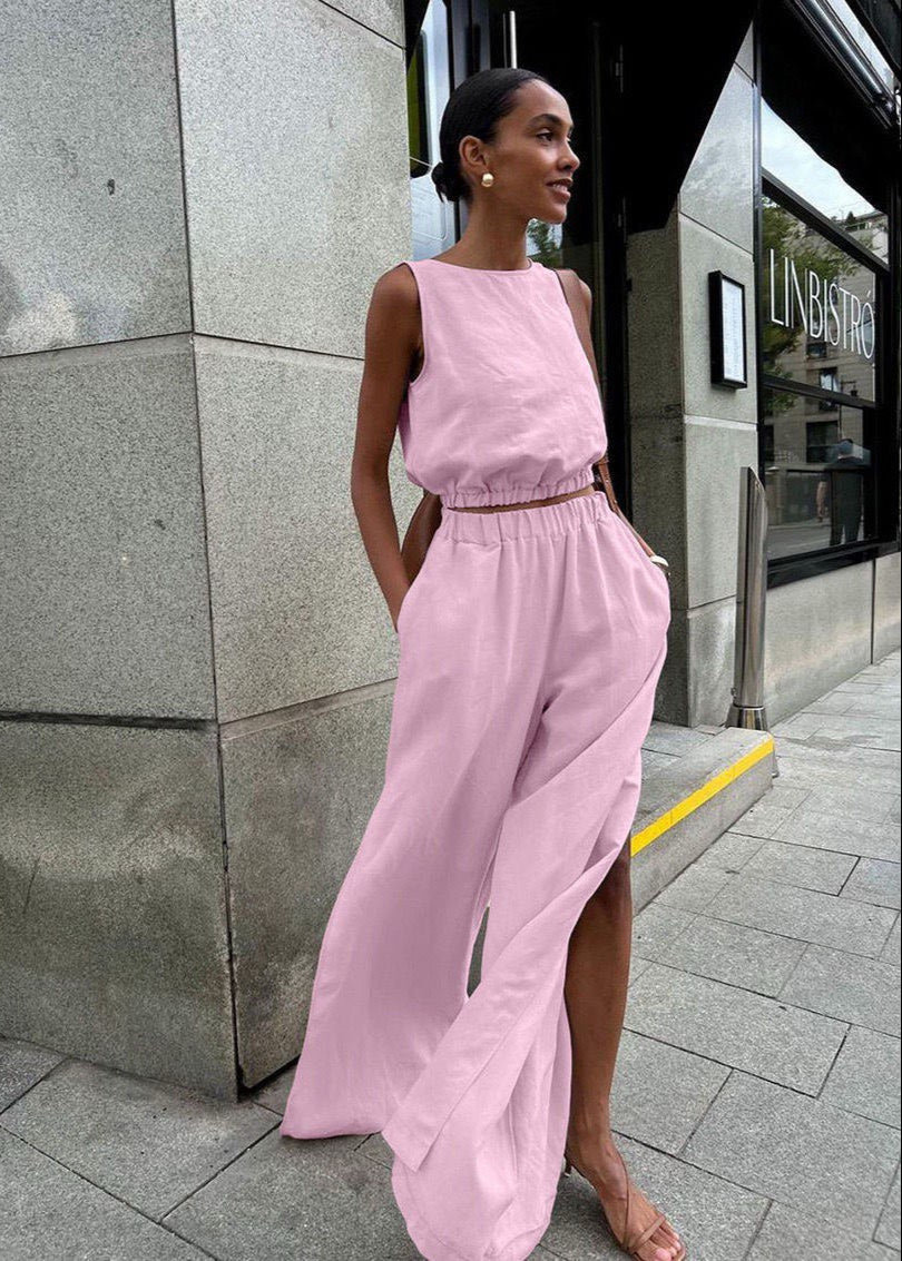 Savanna Wide-Leg Set – Beige Sleeveless Top & High-Slit Palazzo Pants