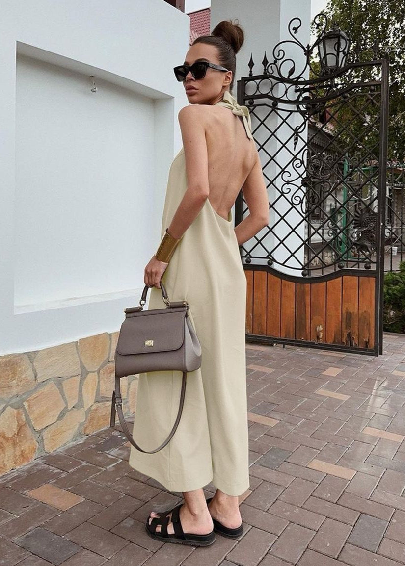 Sahara Backless Halter Maxi Dress – Cotton & Linen Blend