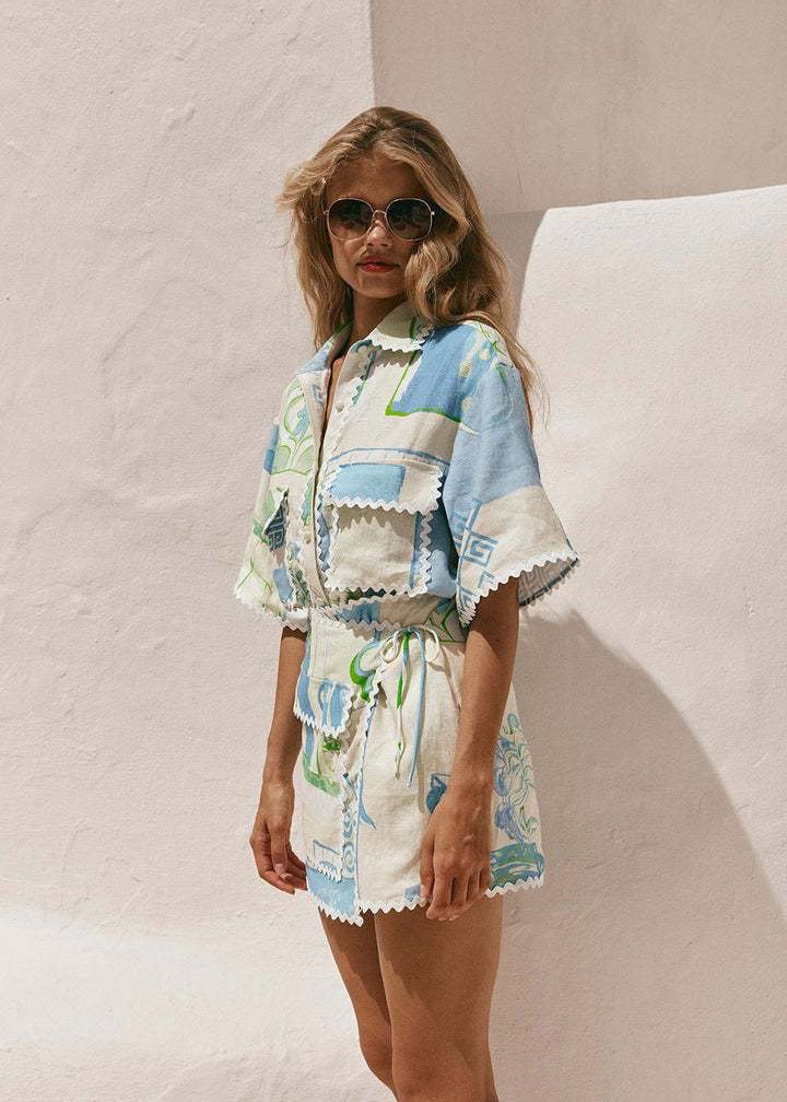 Santorini Sketch - Linen Shirt and Skirt Set