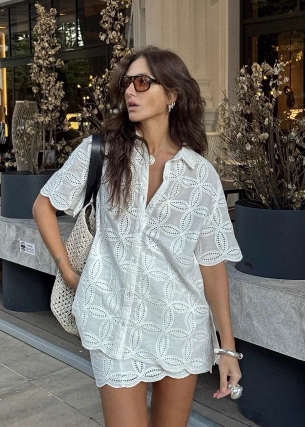 Sunlace - Embroidered Cotton Shirt and Skirt Set