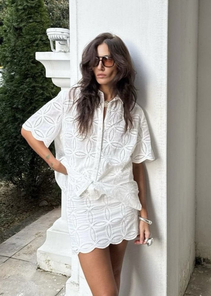 Sunlace - Embroidered Cotton Shirt and Skirt Set