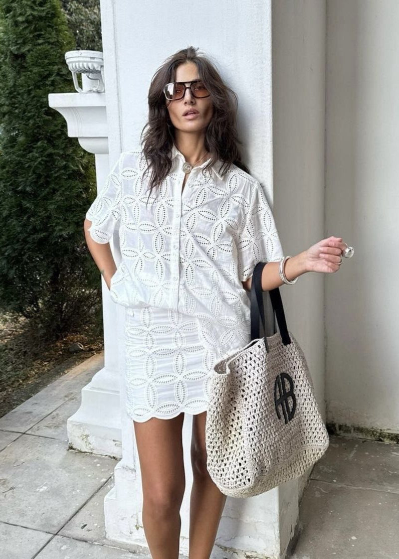 Sunlace - Embroidered Cotton Shirt and Skirt Set