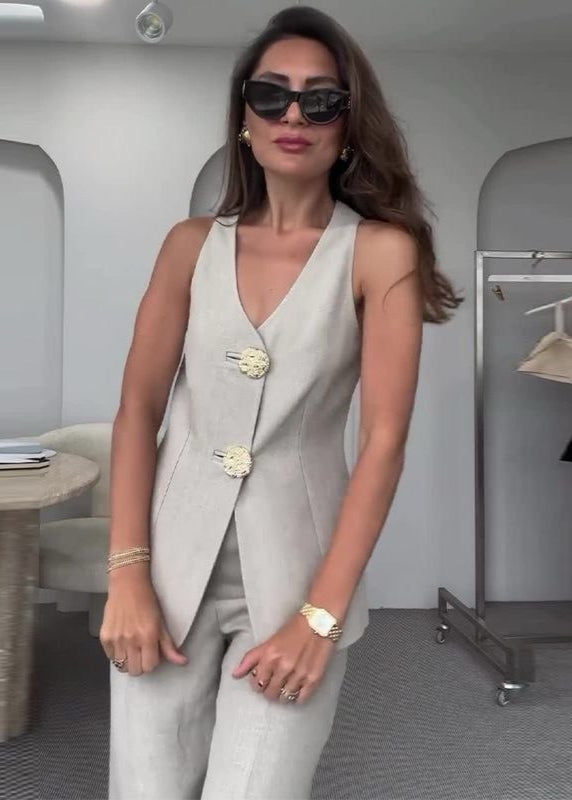 Valette Wide-Leg Set – Statement Button Vest & Linen Blend Trousers