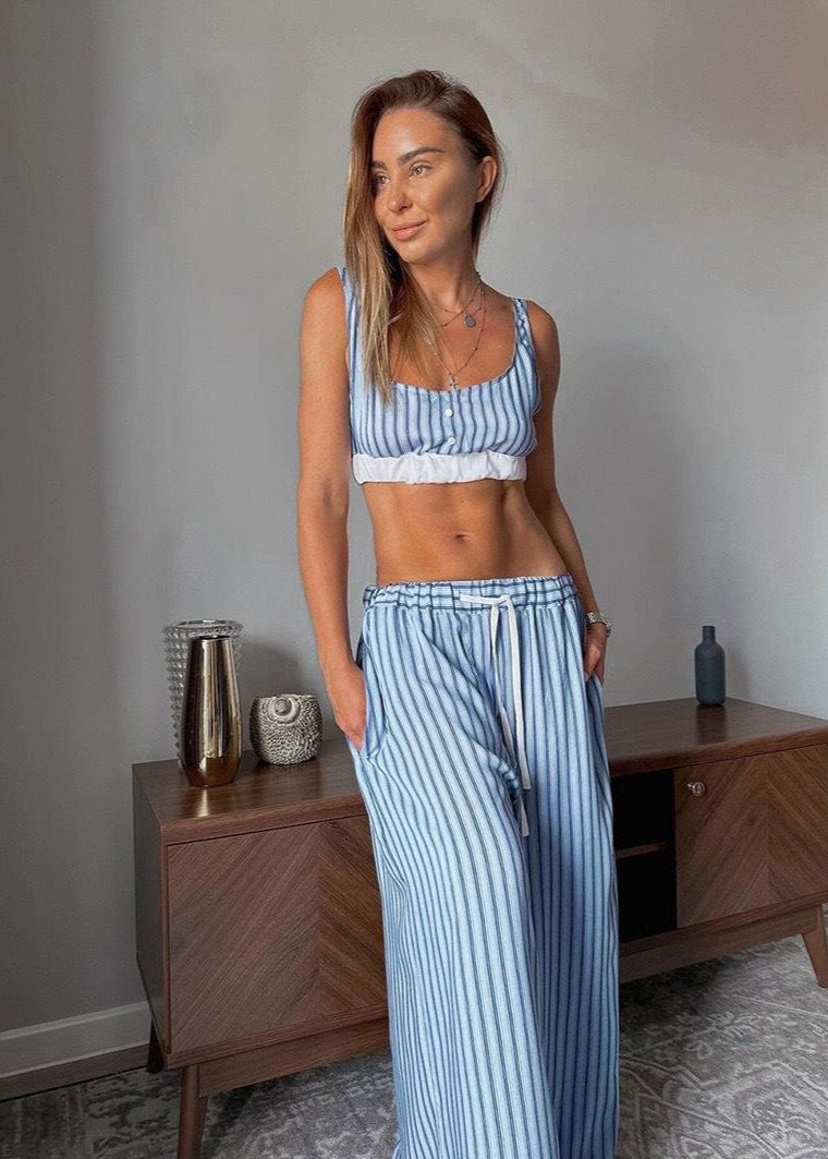 Skyline Stripe 3-Piece Lounge Set – Oversized Shirt, Crop Top & Wide-Leg Pants