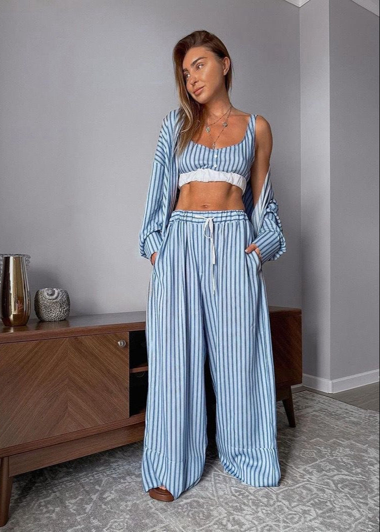 Skyline Stripe 3-Piece Lounge Set – Oversized Shirt, Crop Top & Wide-Leg Pants