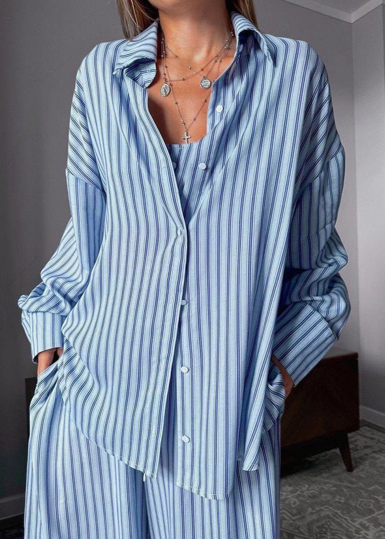 Skyline Stripe 3-Piece Lounge Set – Oversized Shirt, Crop Top & Wide-Leg Pants