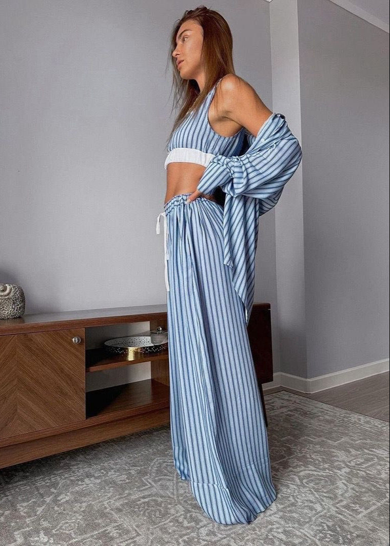 Skyline Stripe 3-Piece Lounge Set – Oversized Shirt, Crop Top & Wide-Leg Pants