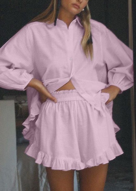 Ruffle Charm - Striped Button-Up Top & Shorts Set