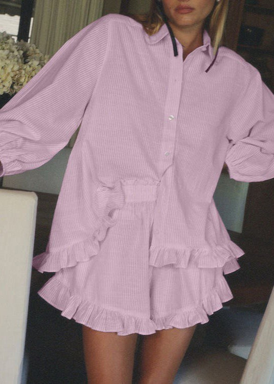 Ruffle Charm - Striped Button-Up Top & Shorts Set