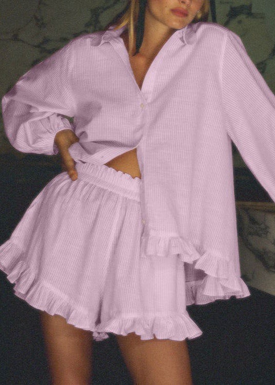 Ruffle Charm - Striped Button-Up Top & Shorts Set