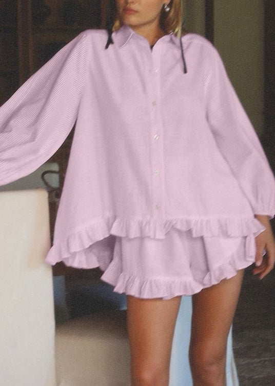 Ruffle Charm - Striped Button-Up Top & Shorts Set