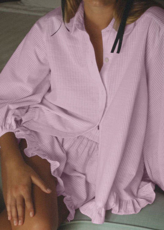 Ruffle Charm - Striped Button-Up Top & Shorts Set
