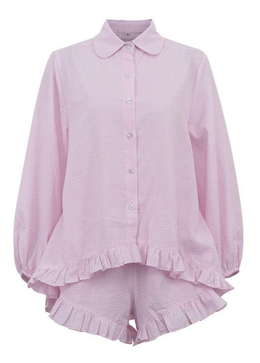Ruffle Charm - Striped Button-Up Top & Shorts Set