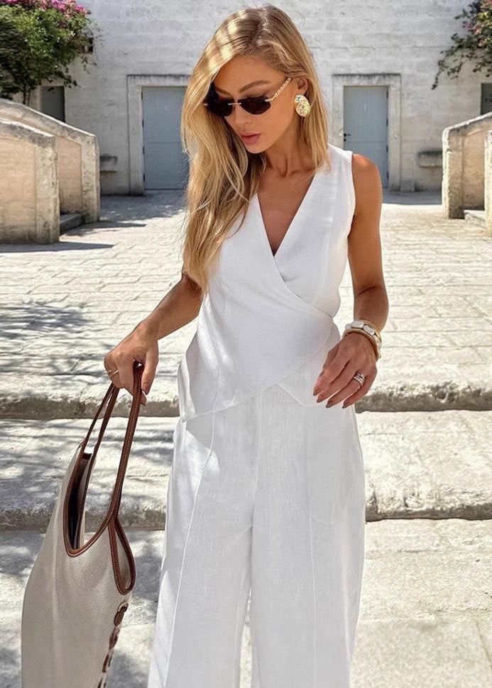 White Haven - Sleeveless Wrap Top & Wide-Leg Trousers Set