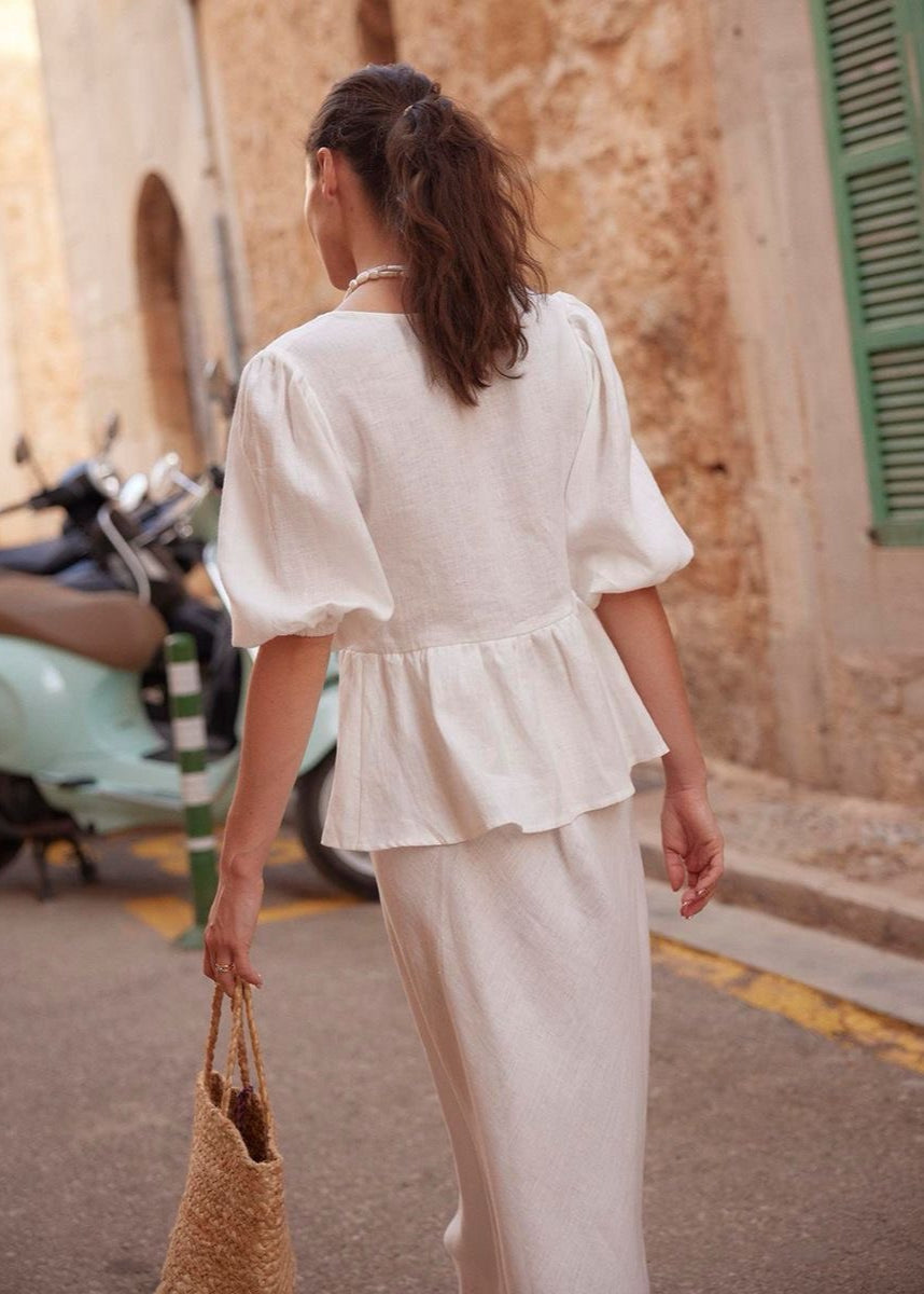 Verona - Cotton Peplum Set with Puff Sleeves and Maxi Skirt