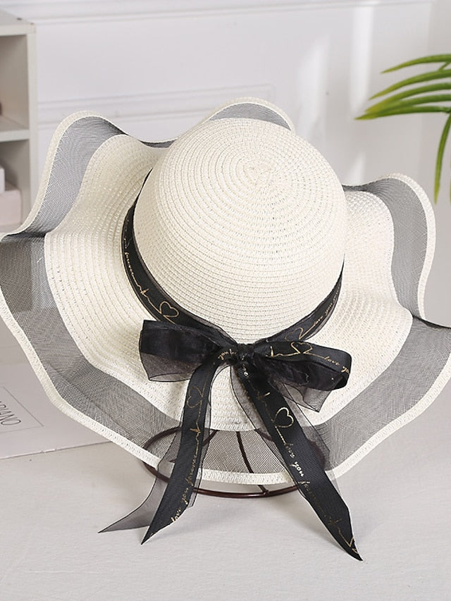 Hat Straw Hat Sun Hat Pink Khaki Navy Blue Outdoor Street Dailywear Mesh Bow Ribbon bow Portable Sun Protection Comfort for Women