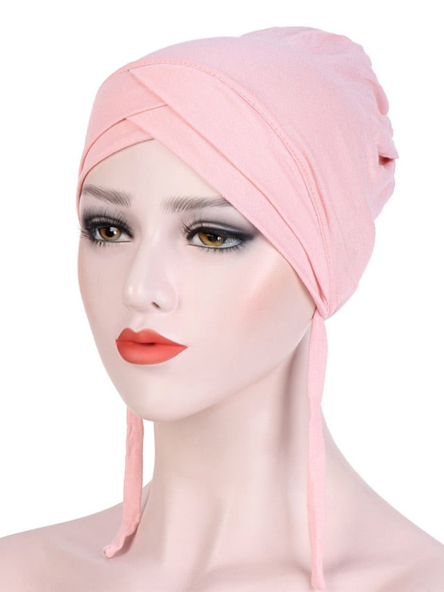 Muslim with Rope Scarf Hat Women Turban Soft Chemo Cap Hair Loss Islamic Headwrap Head Cover Wrap Caps Headwear Dubai Arab Bonnet New for Women