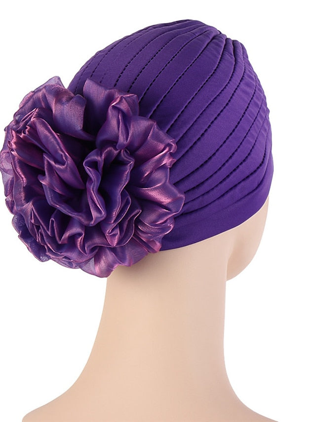 Female Stylish Indian Big Flower Solid Color Turban Hat Comfortable Women Muslim Pullover Hat African Head Wrap Hijab Cap Headwear for Women