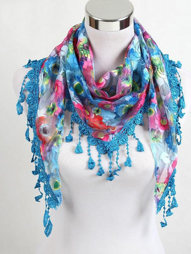 Shawls & Wraps Party Blue Scarf Floral & Long Triangle Tassel Scarf / Basic / Fall / Winter / Spring for Women