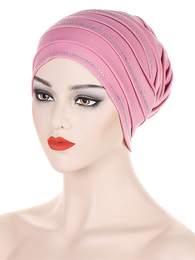 Rhinestones Pleated Turban Cap African Hat Muslim Headscarf Bonnet Ladies Head Wraps for Women