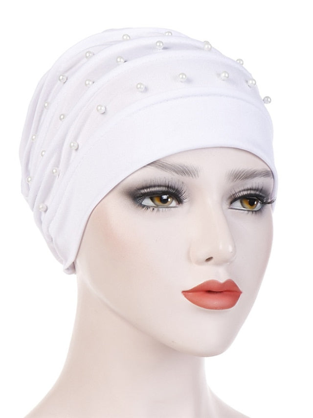Fashion Muslim Women Turban Scarf Pearl Fold Turban Hat Cancer Chemo Beanies Cap Islamic Wrap Headscarf Musulman Femme Hijab Hair Accessories for Women