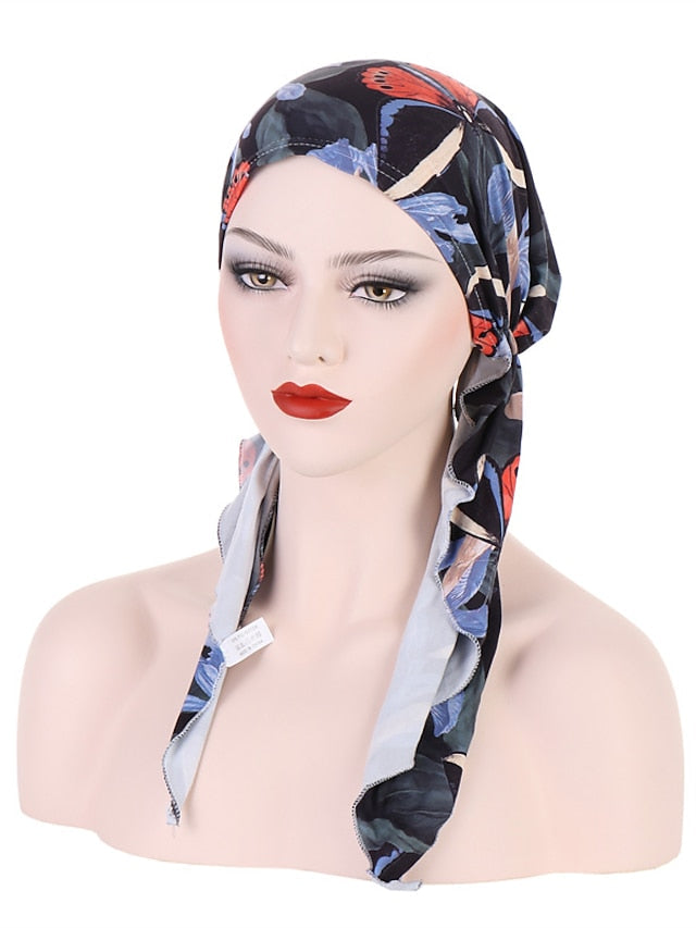 Women Printed Pre-tie Headscarf Elastic Muslim Female Turban Soft Hat Hair Loss Cover Head Wrap Headwear Stretch Bandana for Women