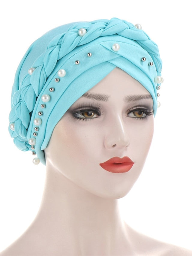 Women Fashion Pearls Muslim Scarf Hijabs Hat Women India Hat Solid Turban Hat Wrap Cap Head Scarf Headscarf Hat Female Hair Accessories for Women