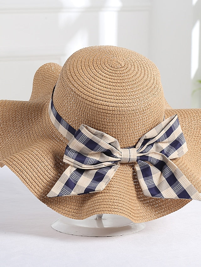 Hat Straw Hat Pink Khaki Beige Lawn Festival Braided Bow Print Ribbon bow Portable Windproof Breathable for Women