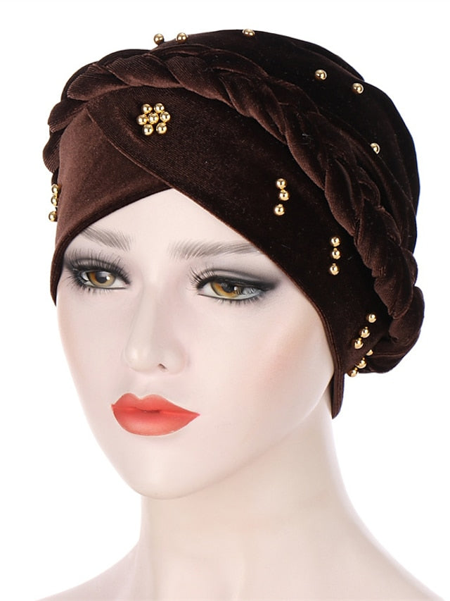 Retro Lady Women Beaded Hat Muslim Braid Head Scarf Turban Head Wrap Cover Ramadan Hair Loss Islamic Headwear Arab Fashion for Women