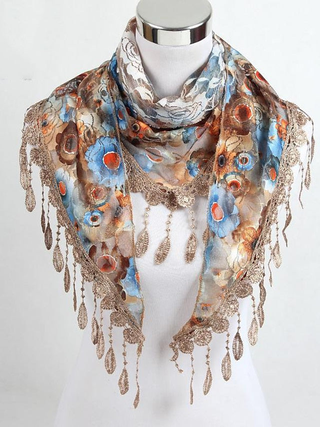 Shawls & Wraps Party Blue Scarf Floral & Long Triangle Tassel Scarf / Basic / Fall / Winter / Spring for Women