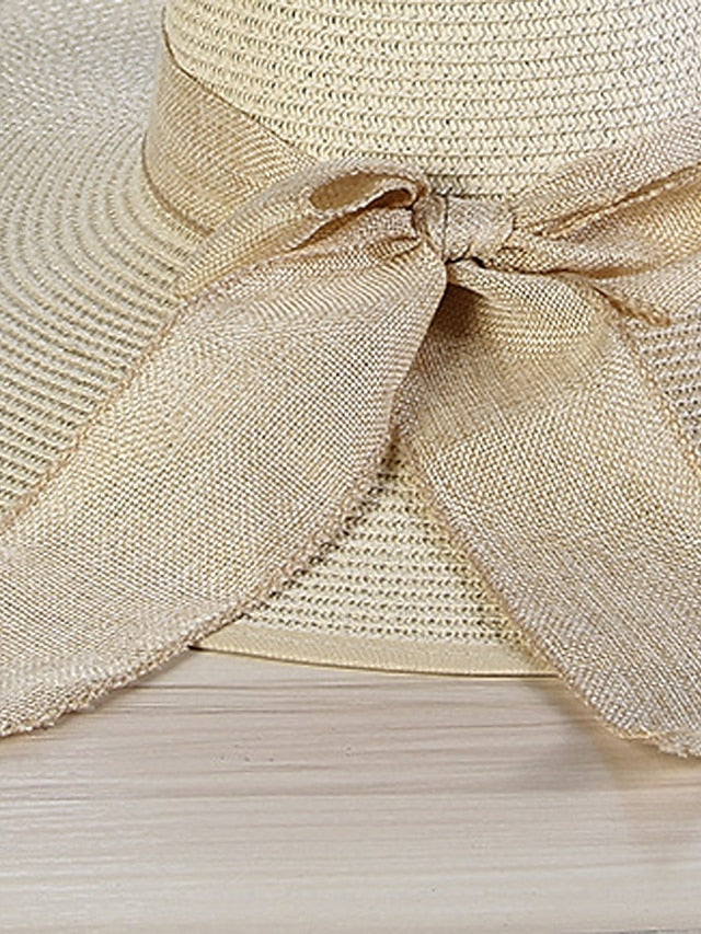 Hat Straw Hat White Khaki Beige Lawn Festival Braided Bow Print Portable Windproof Breathable for Women