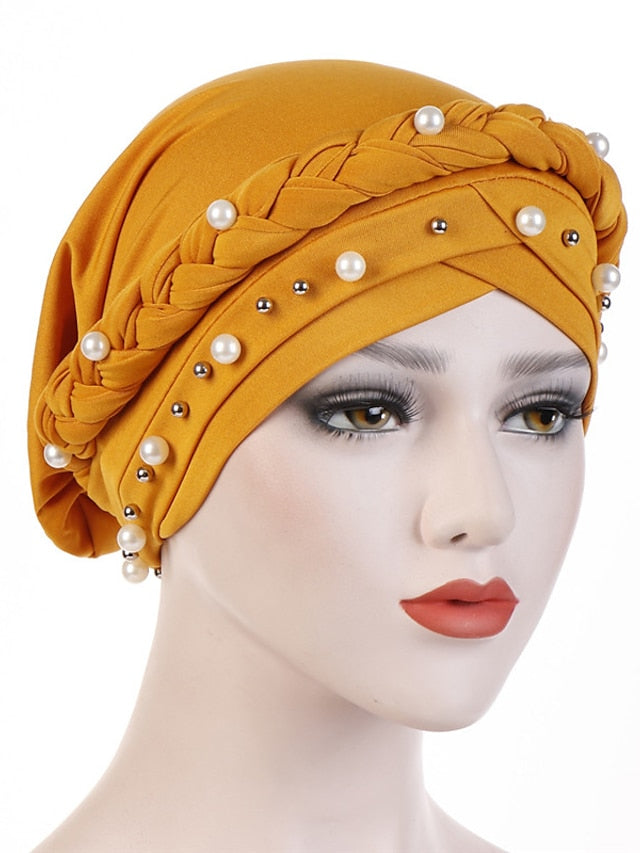 Women Fashion Pearls Muslim Scarf Hijabs Hat Women India Hat Solid Turban Hat Wrap Cap Head Scarf Headscarf Hat Female Hair Accessories for Women