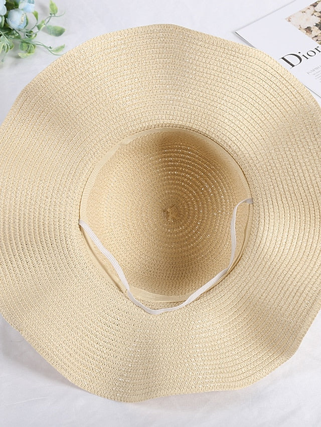 Hat Straw Hat Pink Khaki Beige Lawn Festival Braided Bow Print Ribbon bow Portable Windproof Breathable for Women