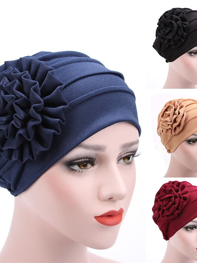 Hats Spring Summer Plain Color Floral Beanie Hat Muslim Stretch Turban Hat Cap Hair Loss Headwear Hijab Cap for Women