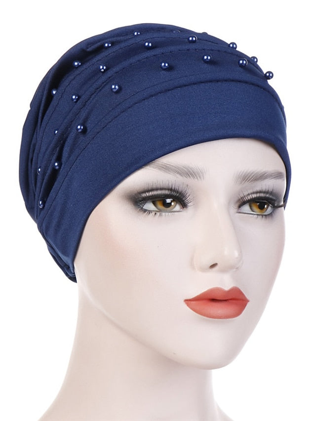 Fashion Muslim Women Turban Scarf Pearl Fold Turban Hat Cancer Chemo Beanies Cap Islamic Wrap Headscarf Musulman Femme Hijab Hair Accessories for Women