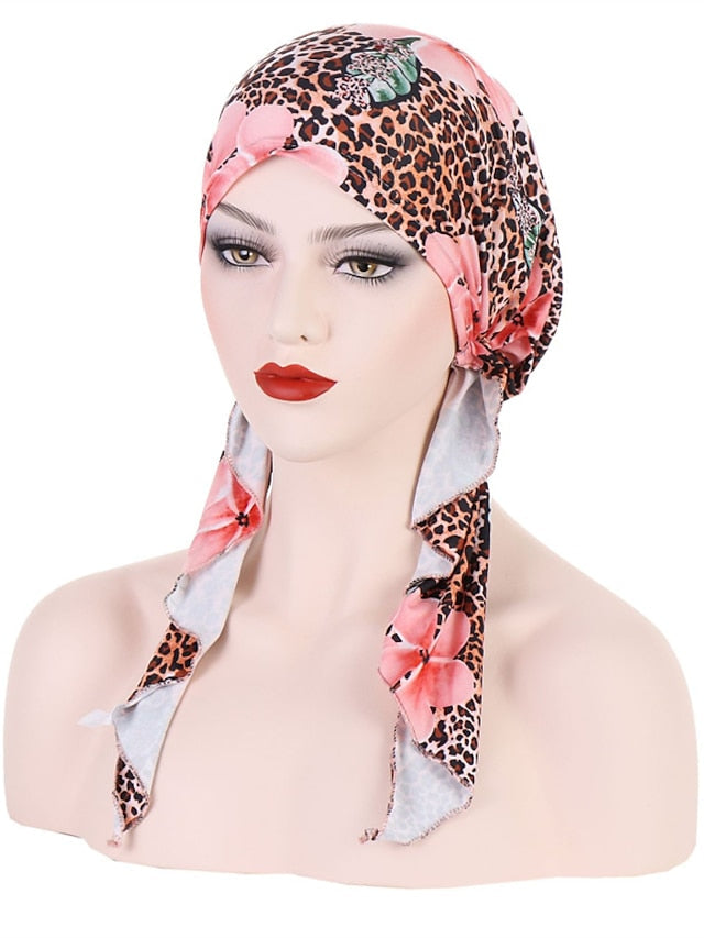 Women Printed Pre-tie Headscarf Elastic Muslim Female Turban Soft Hat Hair Loss Cover Head Wrap Headwear Stretch Bandana for Women