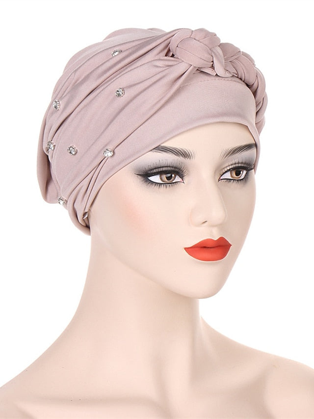 Bling Crystal with Braid Turbans For Women Muslim Turban Cap Islamic Head Wrap Indian Turbante Hat Hair Ready to Wear Hijabs for Women