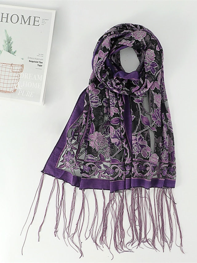 Fashion Women Viscose Scarf Laser Cut Lace Floral Patchwork Tassel Hijab Shawls and Wraps Female Foulards Echarpe for Women