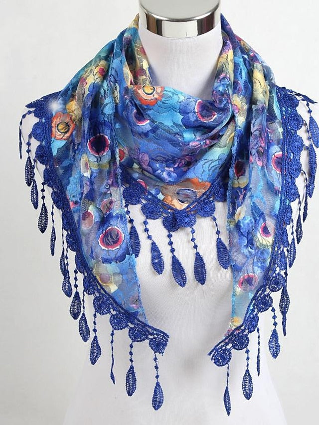 Shawls & Wraps Party Blue Scarf Floral & Long Triangle Tassel Scarf / Basic / Fall / Winter / Spring for Women