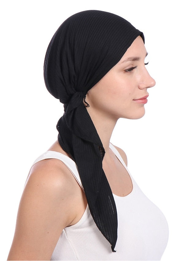 New Elastic Cotton Solid Color Wrap Head Scarf Hats Muslim Turban Bonnet For Women Inner Hijab Hat Fashion Female Turbantes Caps for Women