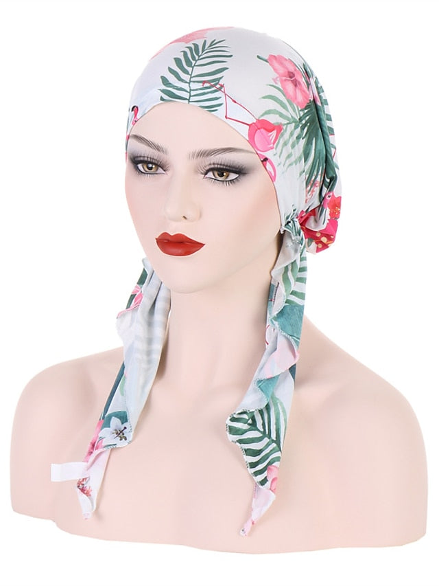 Women Printed Pre-tie Headscarf Elastic Muslim Female Turban Soft Hat Hair Loss Cover Head Wrap Headwear Stretch Bandana for Women