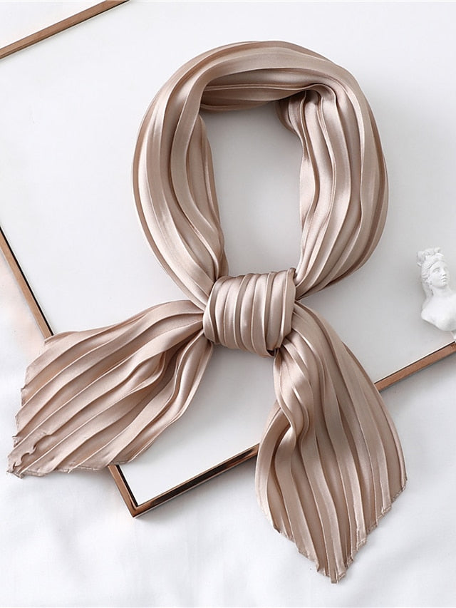 1 pcs New 70*70cm Fashion Women Silk Pleated Scarf Luxury Solid Neck Scarfs Foulard Femme Crinkle Hair Band Scarves Girl Neckerchief for Women
