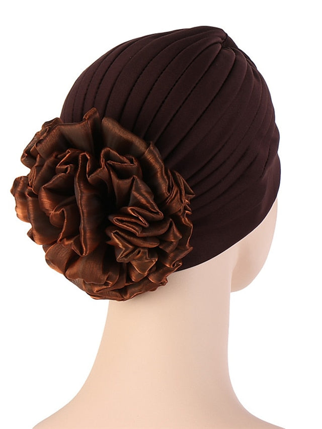Female Stylish Indian Big Flower Solid Color Turban Hat Comfortable Women Muslim Pullover Hat African Head Wrap Hijab Cap Headwear for Women