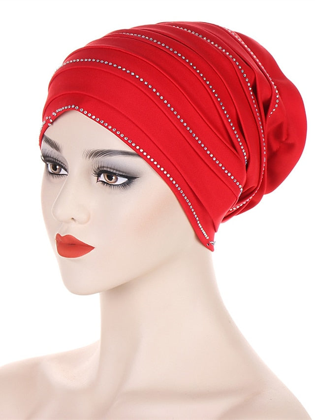 Rhinestones Pleated Turban Cap African Hat Muslim Headscarf Bonnet Ladies Head Wraps for Women