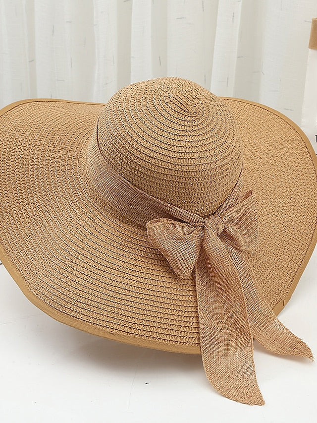 Hat Straw Hat White Khaki Beige Lawn Festival Braided Bow Print Portable Windproof Breathable for Women