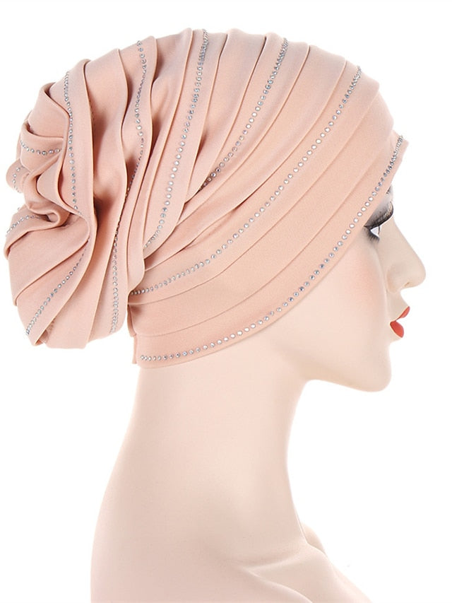 Rhinestones Pleated Turban Cap African Hat Muslim Headscarf Bonnet Ladies Head Wraps for Women