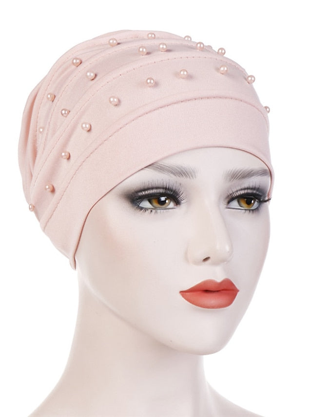 Fashion Muslim Women Turban Scarf Pearl Fold Turban Hat Cancer Chemo Beanies Cap Islamic Wrap Headscarf Musulman Femme Hijab Hair Accessories for Women