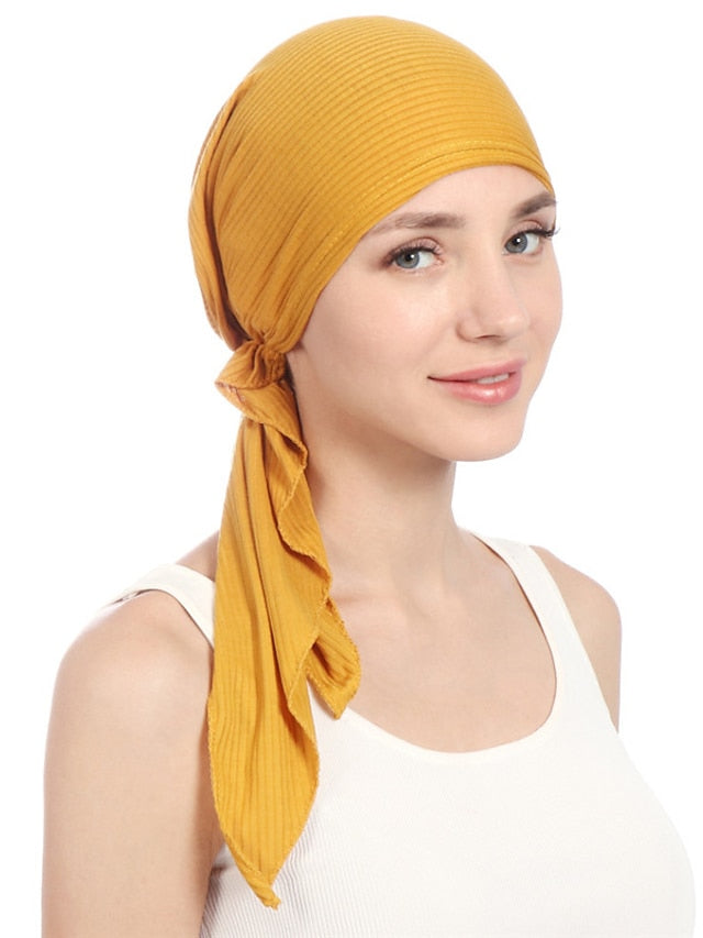 New Elastic Cotton Solid Color Wrap Head Scarf Hats Muslim Turban Bonnet For Women Inner Hijab Hat Fashion Female Turbantes Caps for Women