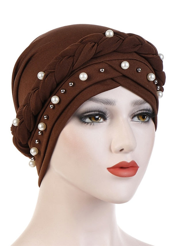 Women Fashion Pearls Muslim Scarf Hijabs Hat Women India Hat Solid Turban Hat Wrap Cap Head Scarf Headscarf Hat Female Hair Accessories for Women