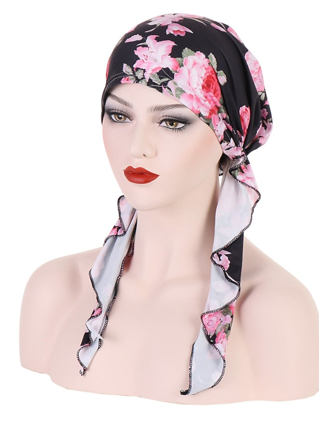 Women Printed Pre-tie Headscarf Elastic Muslim Female Turban Soft Hat Hair Loss Cover Head Wrap Headwear Stretch Bandana for Women